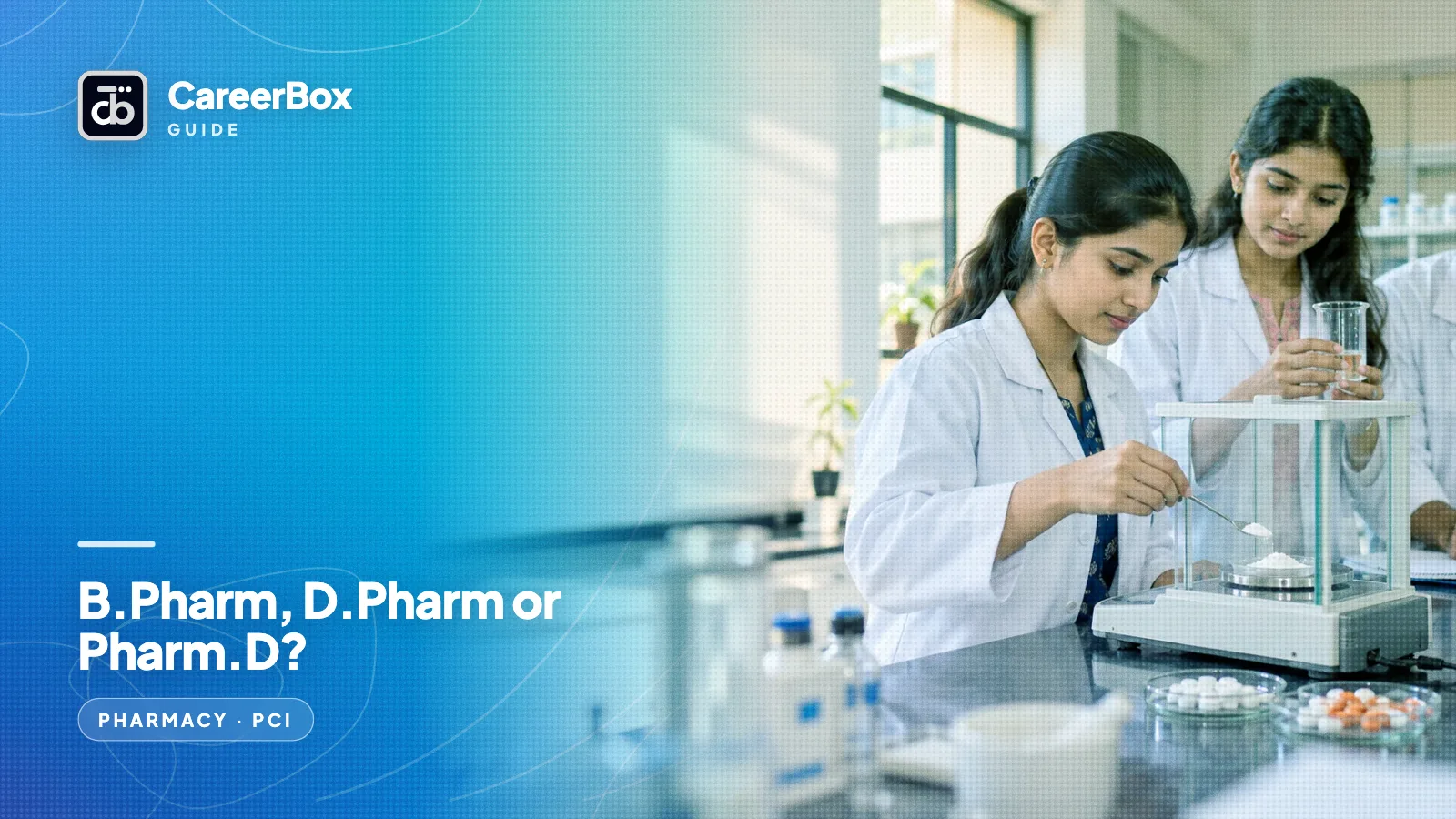 Pharmacy students in lab coats weighing a sample on a balance in a college pharmaceutics lab