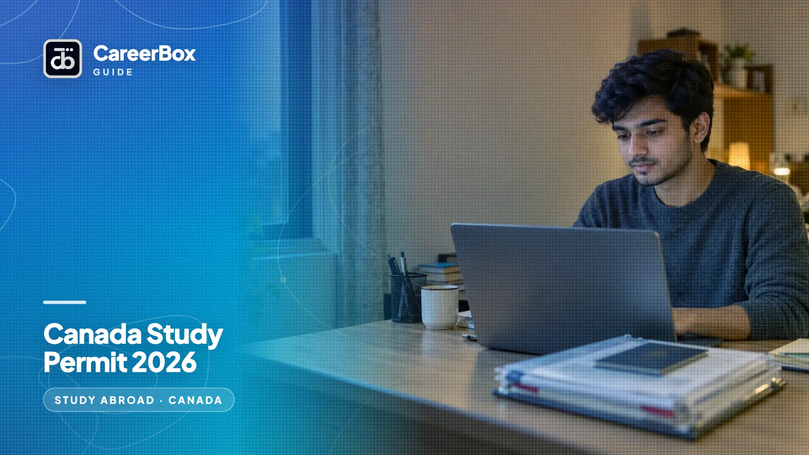 An Indian student at home checking his Canada study permit application on a laptop with his documents beside him