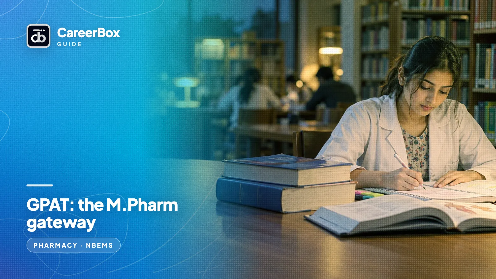 A pharmacy graduate in a lab coat studying with textbooks in a library at dusk, preparing for GPAT