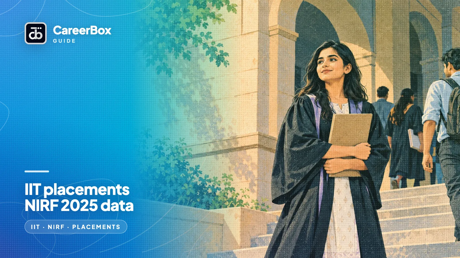 A young Indian graduate in a gown stands on the steps of a stone institute building holding a folder of papers