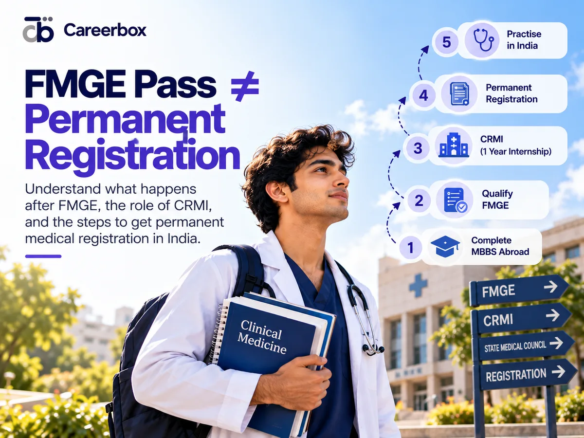 FMGE pass is not permanent registration — complete MBBS abroad, qualify FMGE, CRMI, permanent registration, practise in India