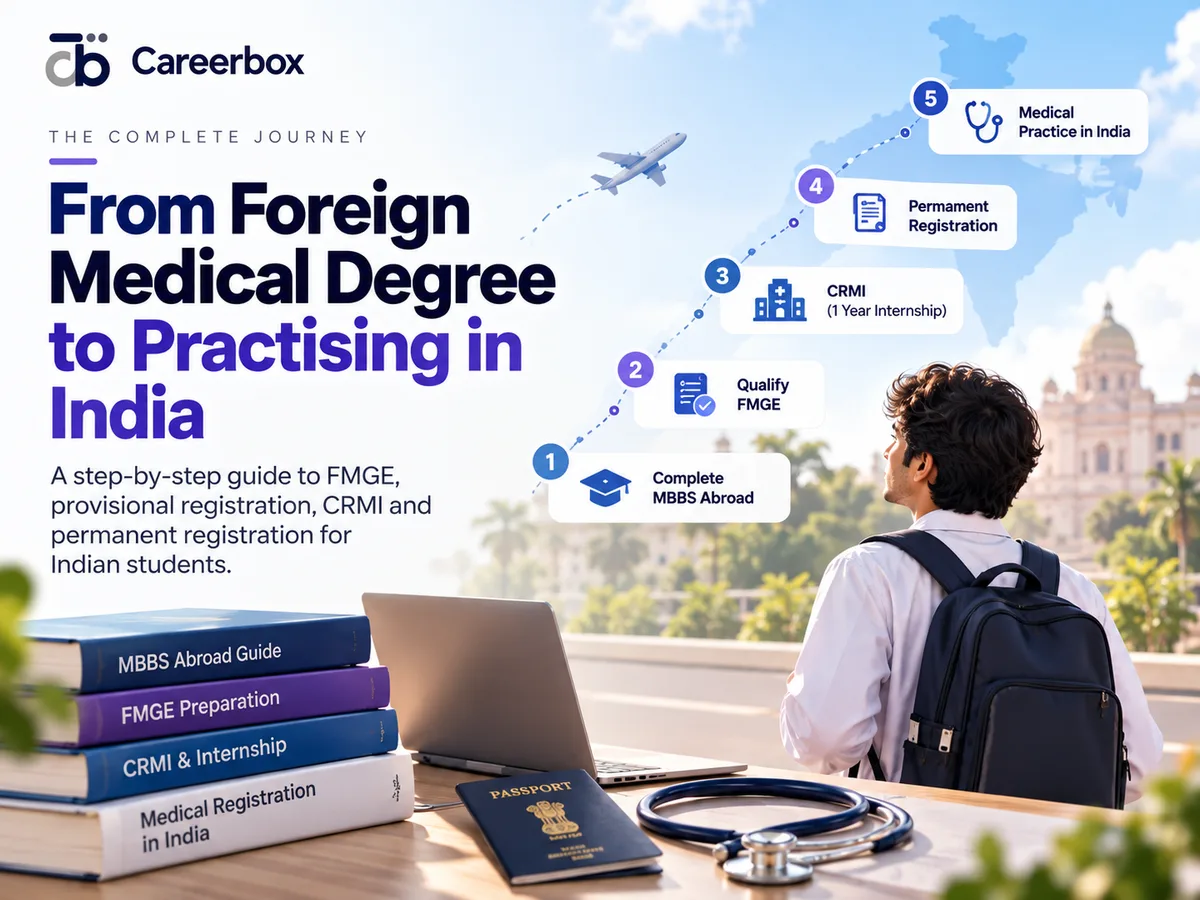 From a foreign medical degree to practising in India — complete MBBS abroad, qualify FMGE, CRMI, permanent registration, practise