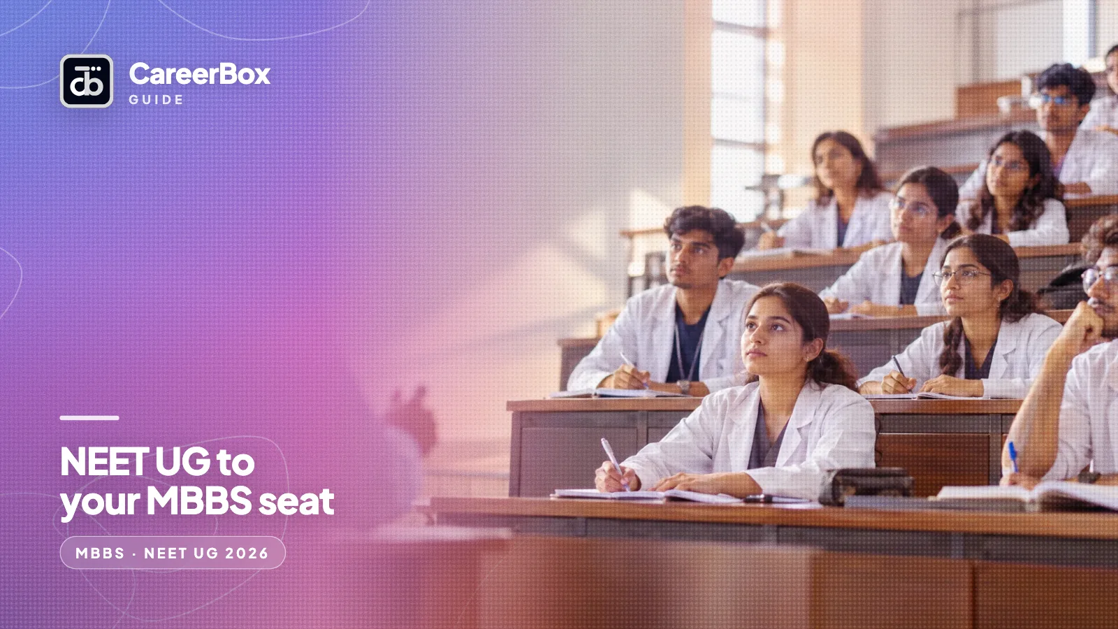 Medical students in white coats attending a lecture in a tiered classroom