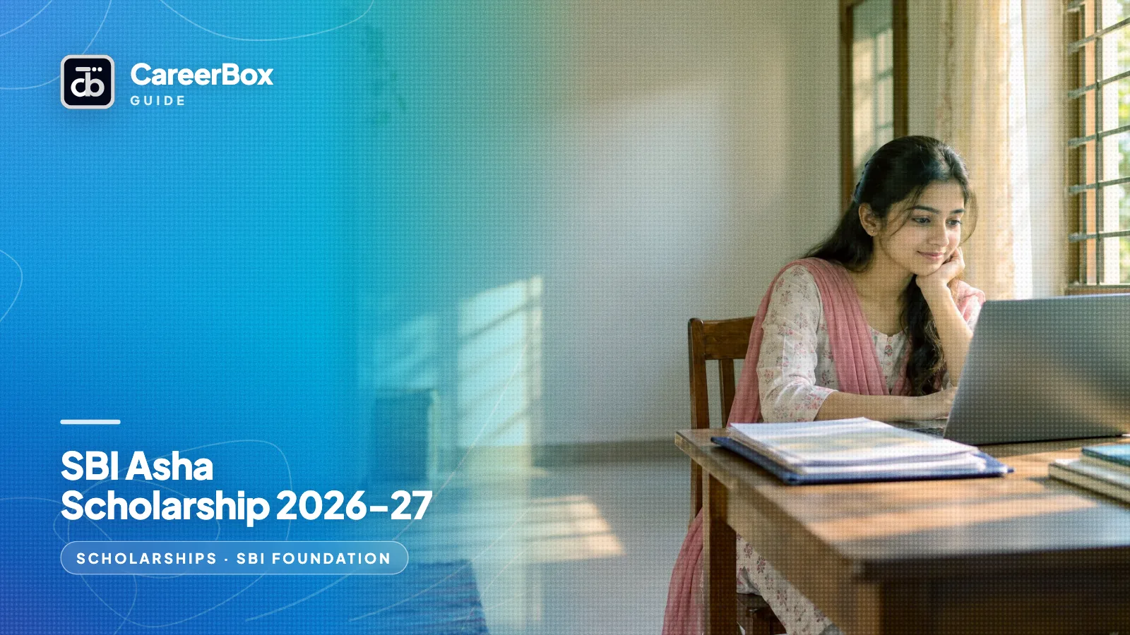An Indian college student at home reviewing her scholarship application on a laptop with her marksheets beside her