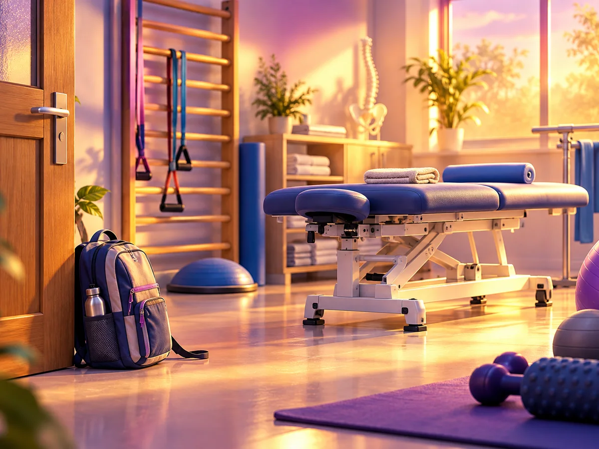 A physiotherapy practice room with an empty treatment table, resistance bands and a wall bar, a single student bag left by the door to suggest a seat just taken
