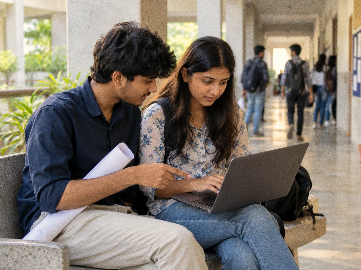 Two first-year college students, a young man holding a civil engineering drawing sheet and a young woman with a laptop, filling in a form together on a bench in a polytechnic campus corridor in the afternoon