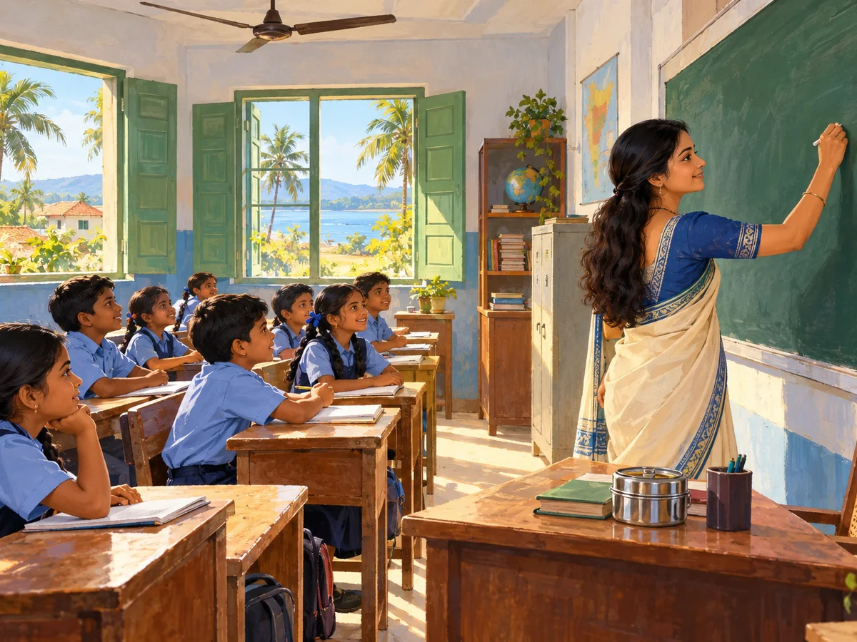 A young woman teacher writing on a green chalkboard in a bright government-school classroom in coastal Andhra Pradesh, children in uniform watching from wooden benches