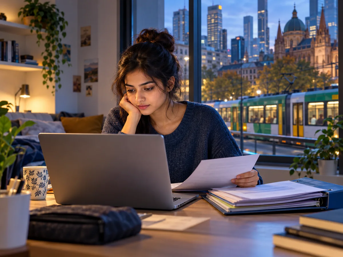 A young Indian woman at a desk in a shared student flat in Melbourne, reading visa documents on a laptop while a tram passes the window behind her