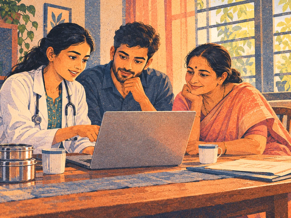Two young Ayurveda graduates and a parent checking a counselling schedule on a laptop at a home desk