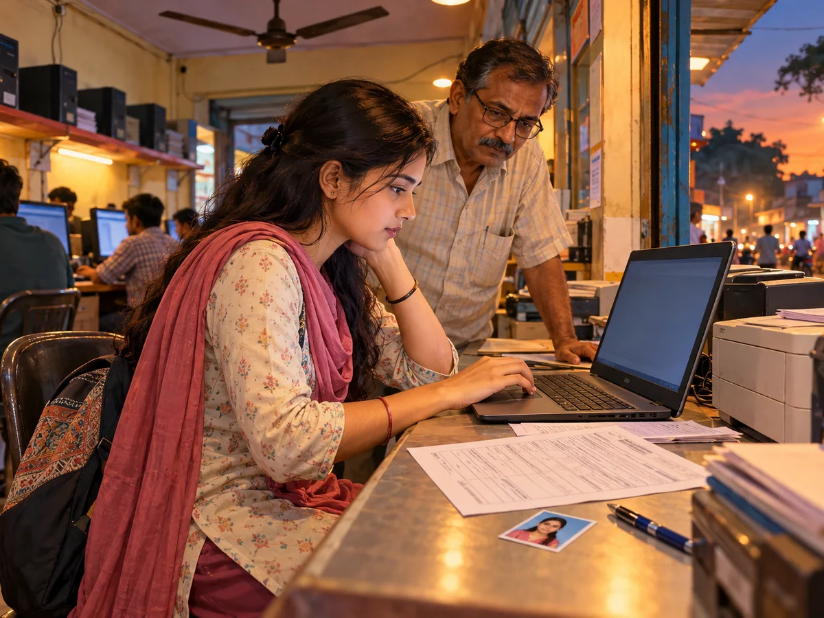 A young teacher-trainee in a Bihar town filling an online form on a laptop at a cyber cafe counter, her D.El.Ed marksheet printout and an admit card photo beside the keyboard