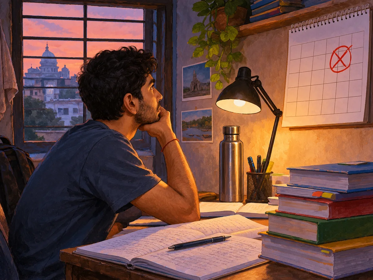 A civil-services aspirant in a rented room in Patna looking at a wall calendar with a date circled and crossed out, stacks of general-studies books and a desk lamp beside him