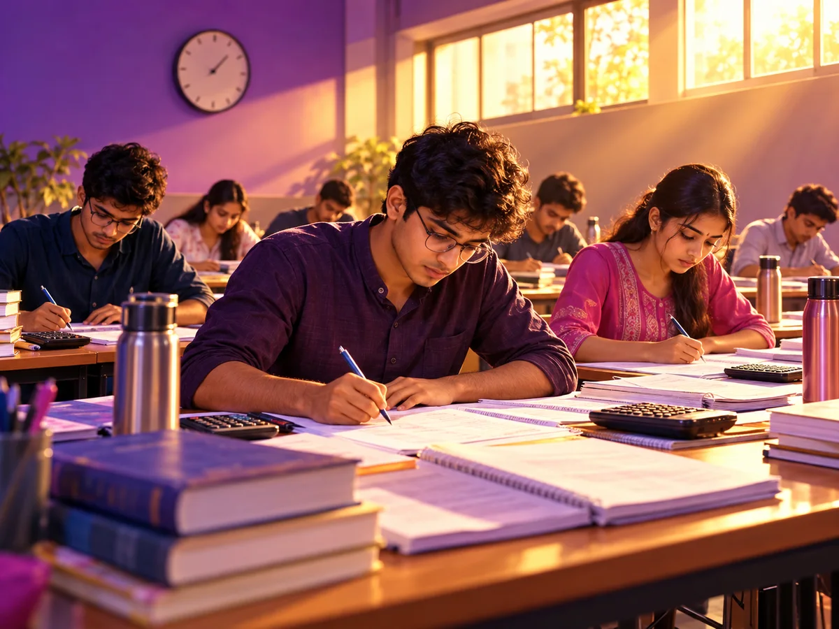 CA students writing a practice paper at long tables in a study hall, with accounting textbooks, calculators and a wall clock above them