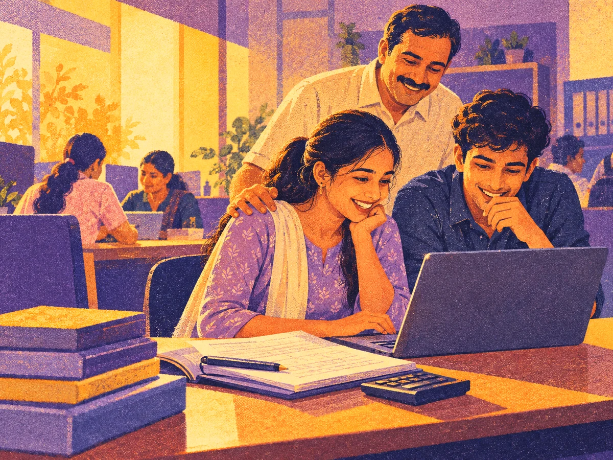 Two CA students checking their Intermediate result on a laptop at a coaching institute help desk while a parent watches