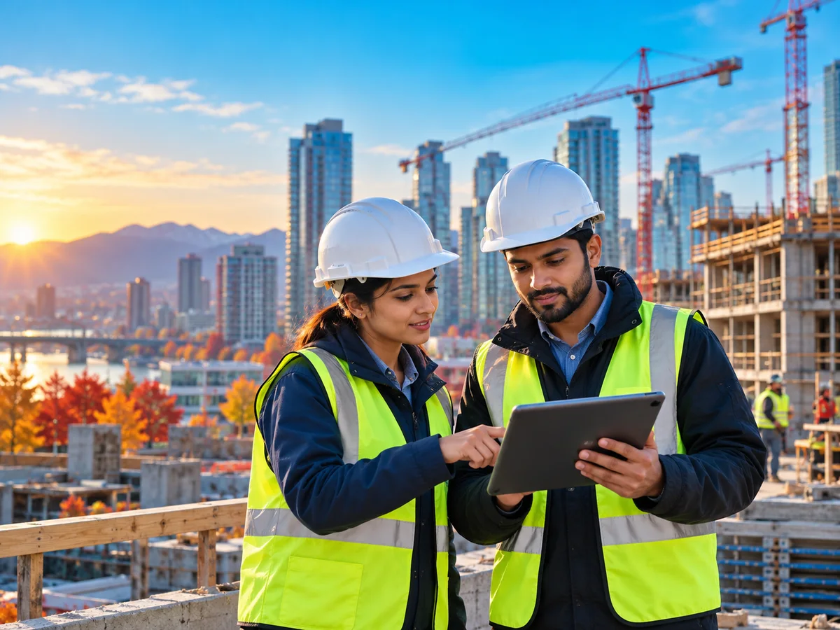 A young Indian engineer in a hard hat reviewing drawings on a tablet with a colleague at a construction site in a Canadian city in autumn