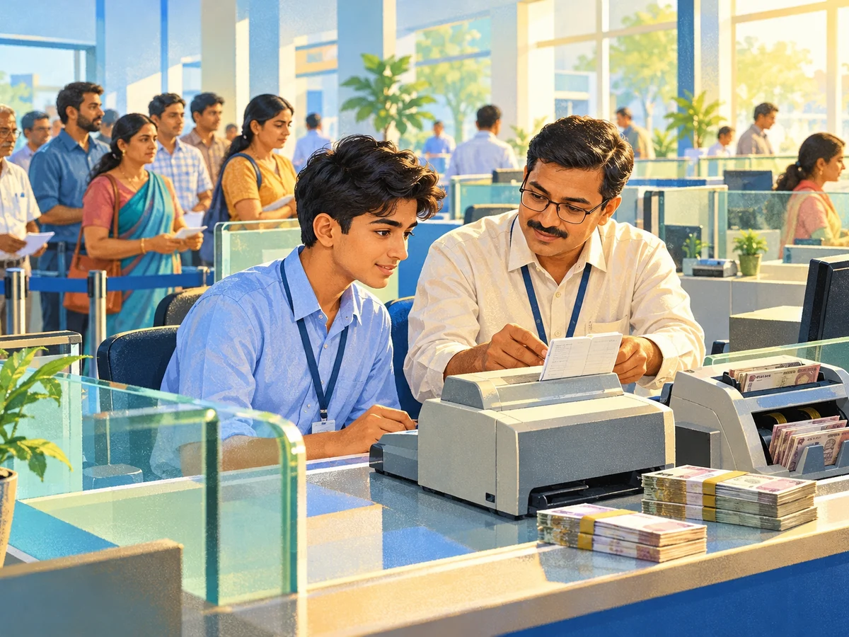 A young graduate in formal clothes standing at a bank branch counter on her first day, a senior colleague showing her a passbook printer and a queue of customers behind