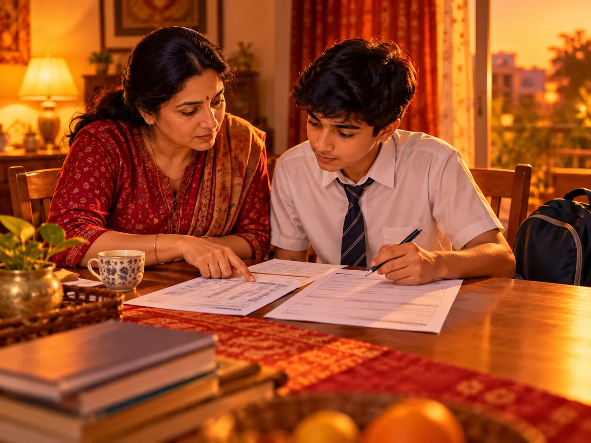 A mother and her teenage son at a dining table at home, comparing a printed school form with his old marksheet, a pen and a cup of tea beside them