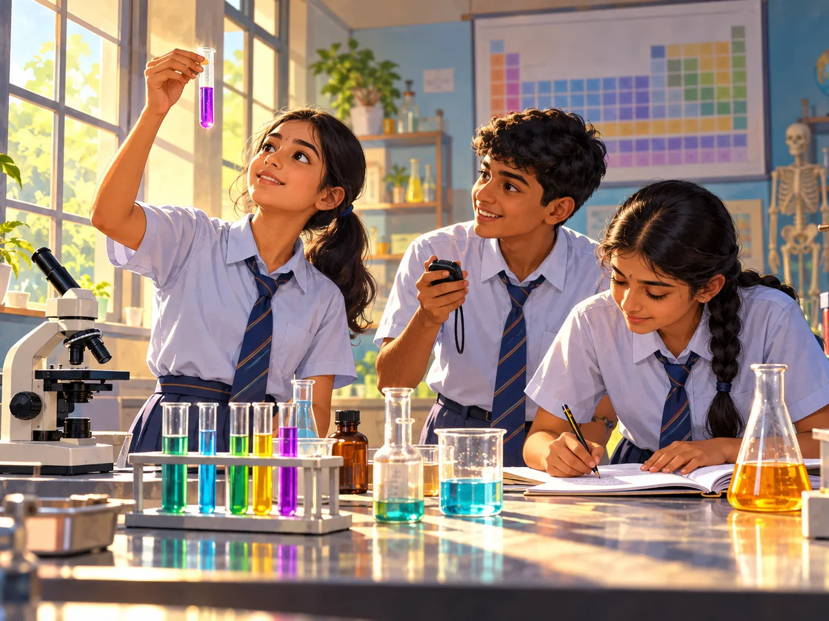 Three Indian schoolchildren in uniform around a lab bench, one holding up a test tube to the light while the others time her with a stopwatch and note answers