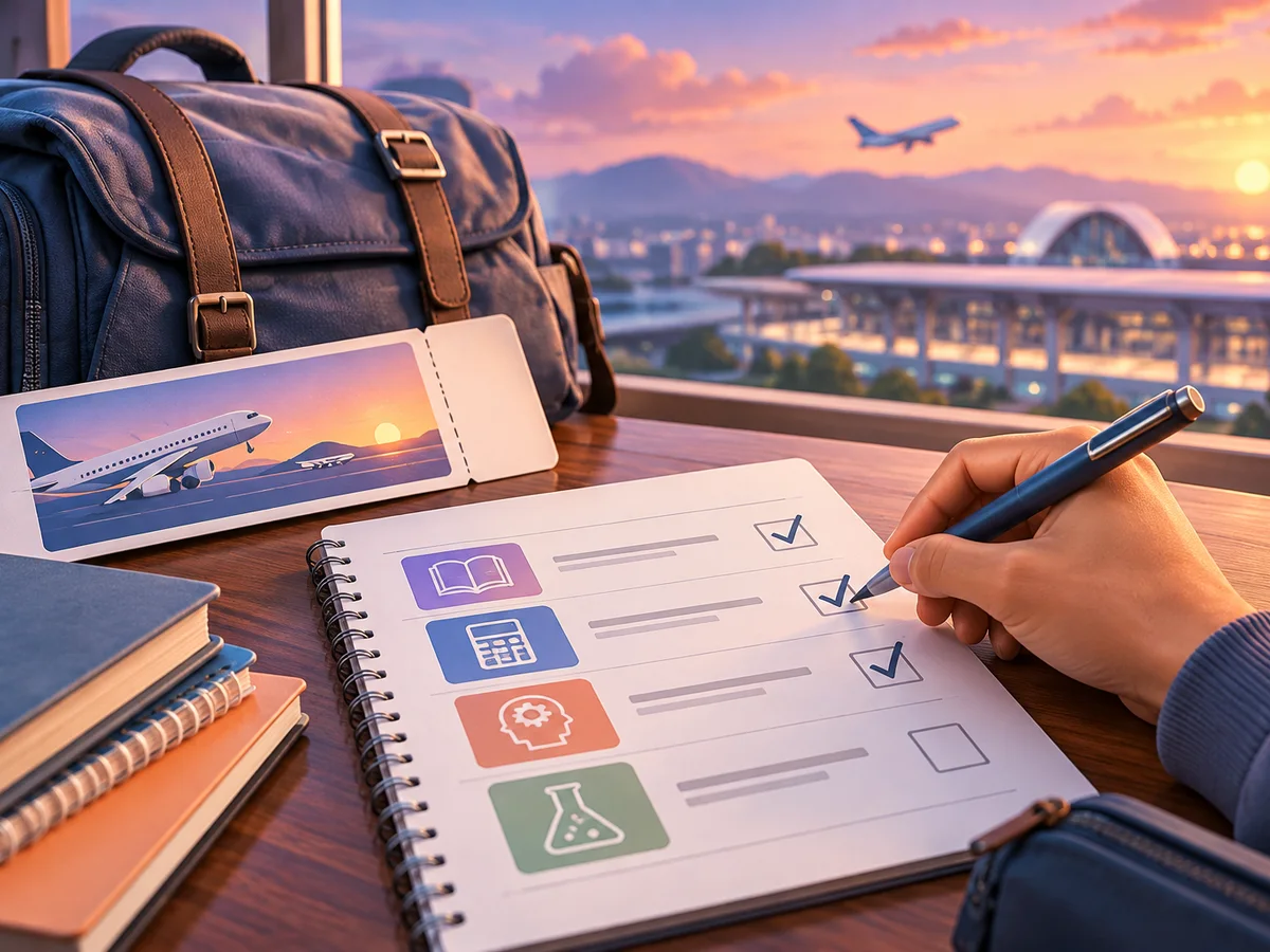 Close-up of a student's hand ticking off subjects on a printed timetable next to a travel bag and a boarding pass, suggesting a trip to the one exam centre in the country