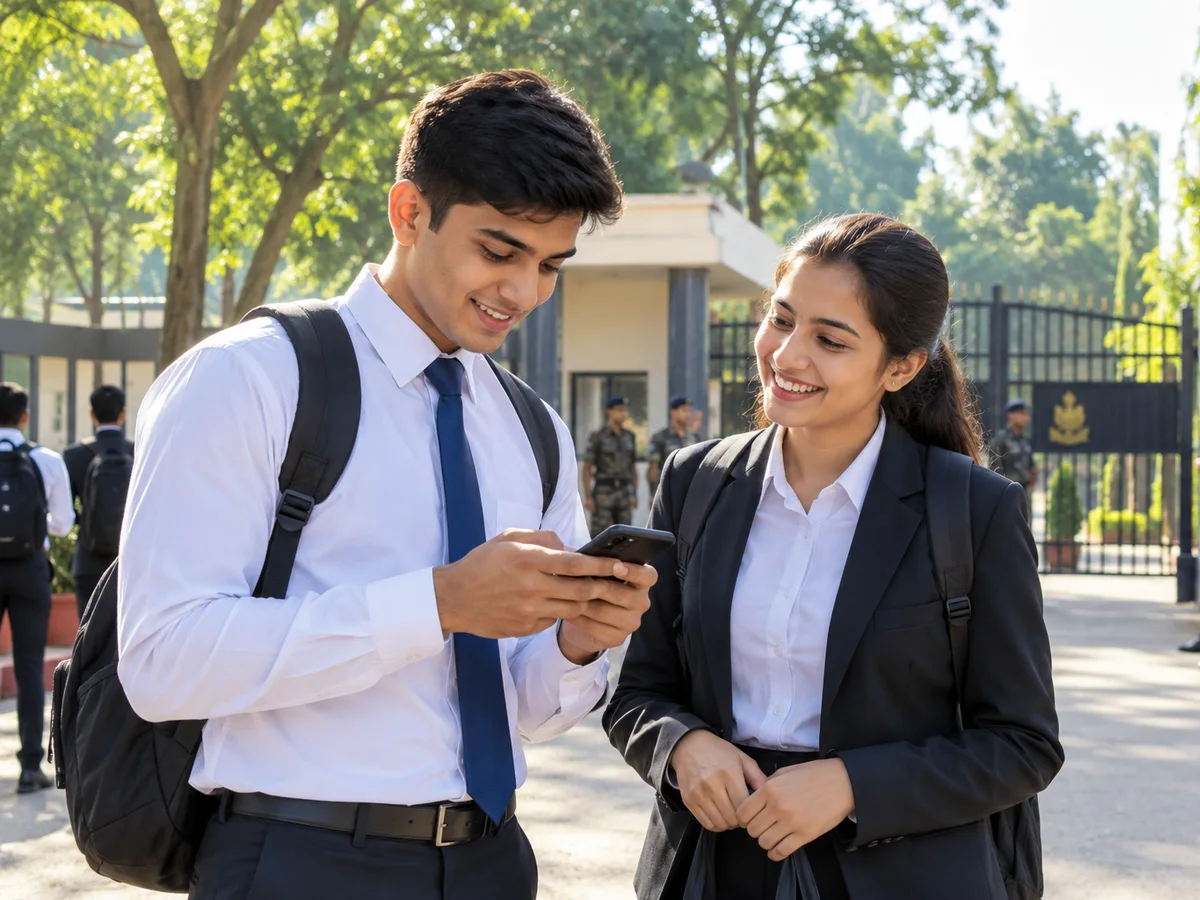 A young man and a young woman in formal clothes checking a roll-number list on a phone outside a defence selection centre gate