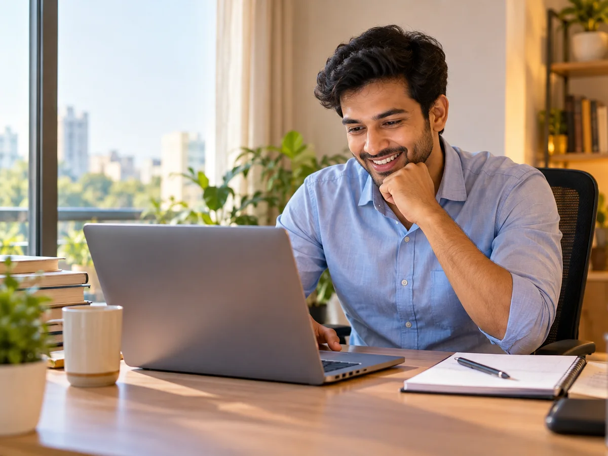 A young Indian finance professional at a desk with a laptop and a notebook, checking exam results on screen in a bright home office