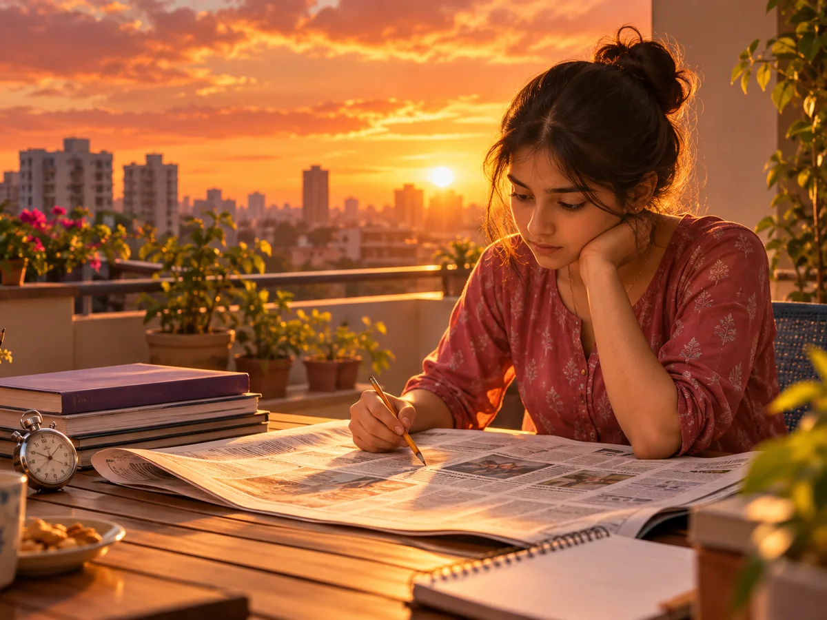 A Class 12 student reading a newspaper editorial with a pencil at a balcony table in the late afternoon, a law reasoning workbook and a stopwatch beside her