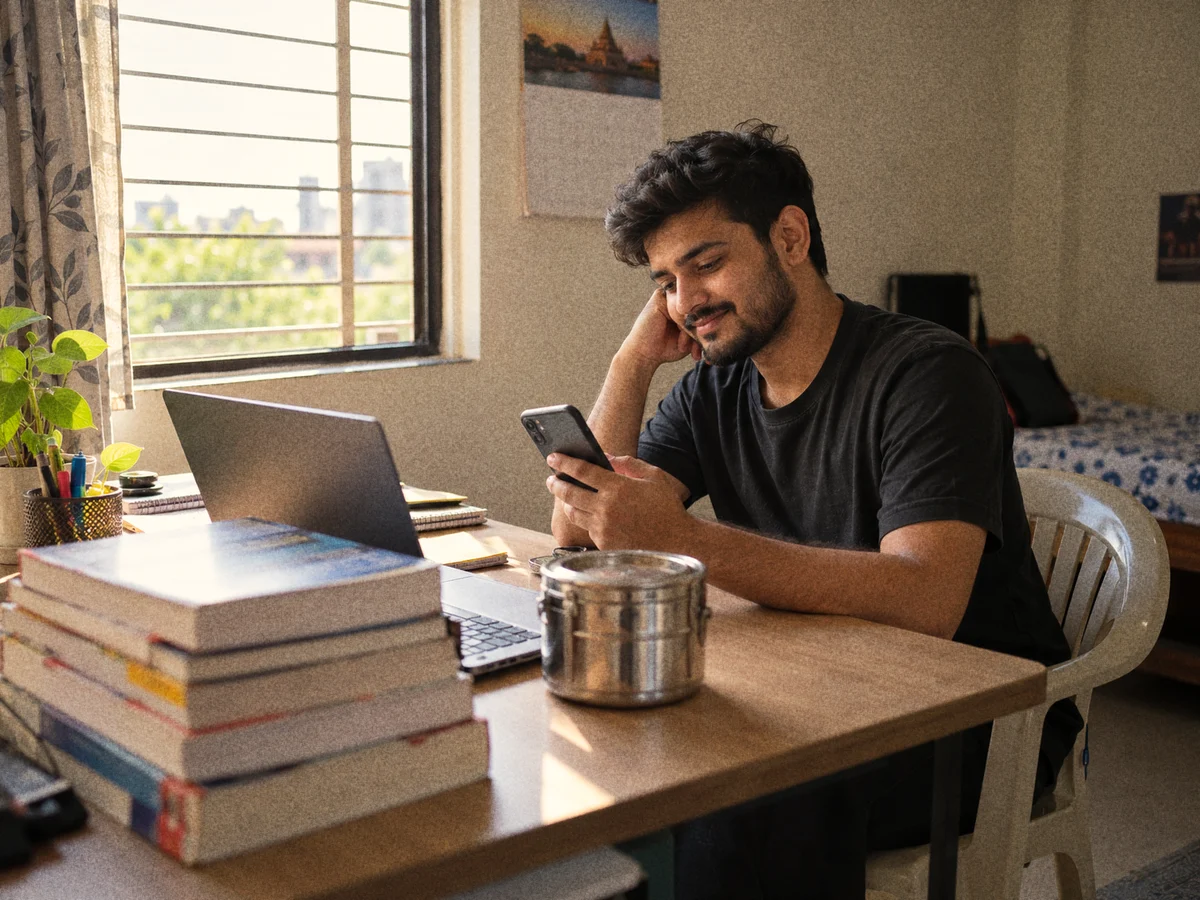 A young man in his late twenties at a desk in a rented room in Gandhinagar, looking at a phone with an OTP message while a laptop is open beside a stack of competitive exam books and a steel tiffin