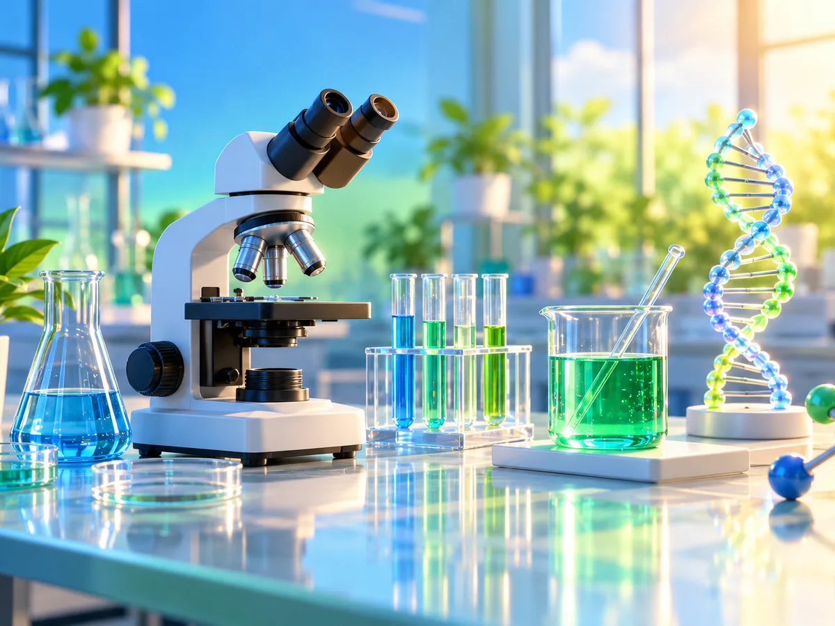 Scientific instruments on a glass lab bench: a microscope, test tubes in a rack, a beaker of green liquid and a softly glowing DNA helix model