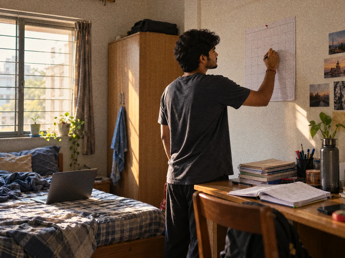 A final-year undergraduate student marking dates on a wall calendar in a hostel room, with a laptop open on the bed and a stack of semester notes beside it in morning light
