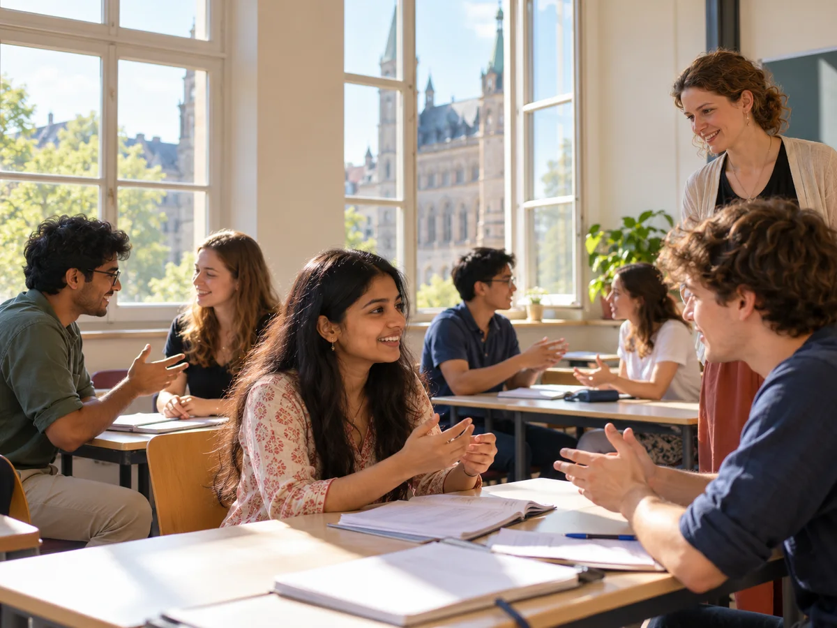 A group of Indian and international students in a sunny German university classroom practising conversation in pairs, a teacher listening