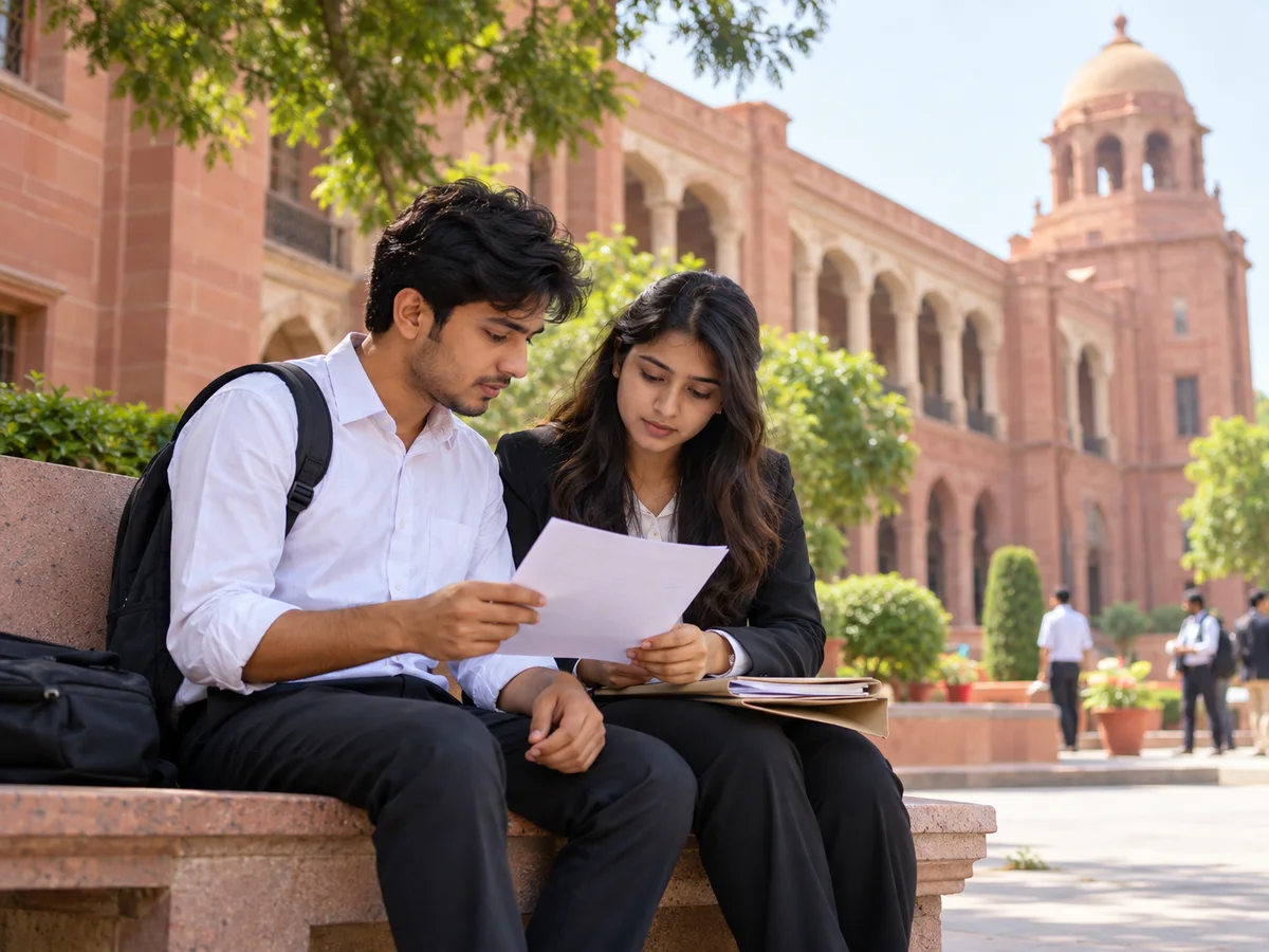 A young man and a young woman in formal clothes studying a printed job advertisement together near a university administrative building in Delhi