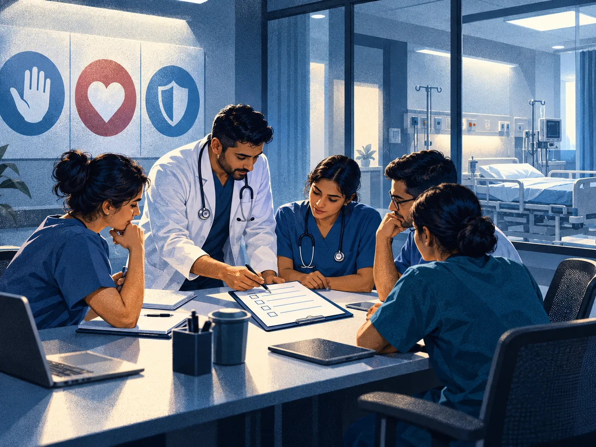 A radiologist at a home workstation reviewing a chest scan on two screens late in the evening, a hospital network map glowing on a side monitor