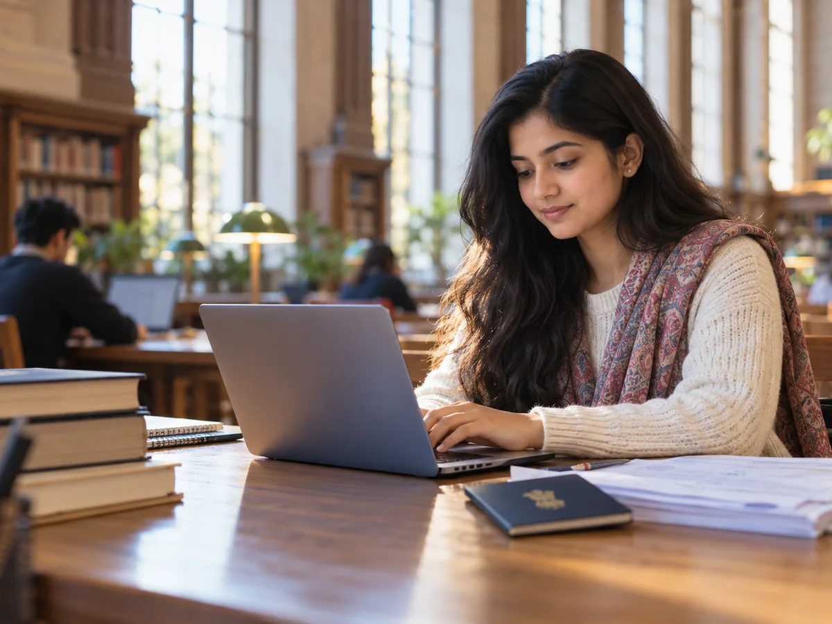 An Indian woman in her twenties writing a statement of purpose on a laptop in a university library, a passport and printed transcripts beside her