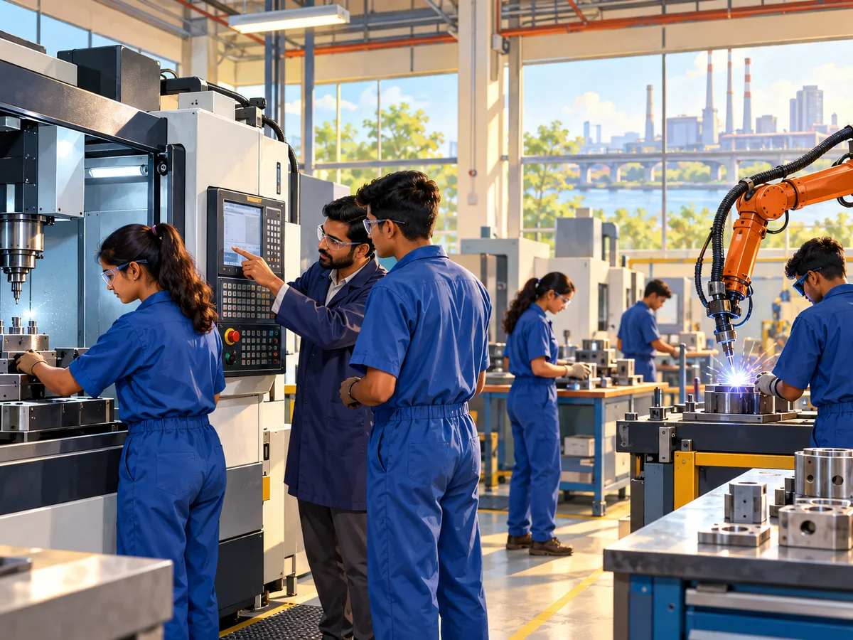 Young ITI trainees in blue overalls and safety glasses working at a new CNC machine in a bright, freshly painted workshop, an instructor pointing at a control panel