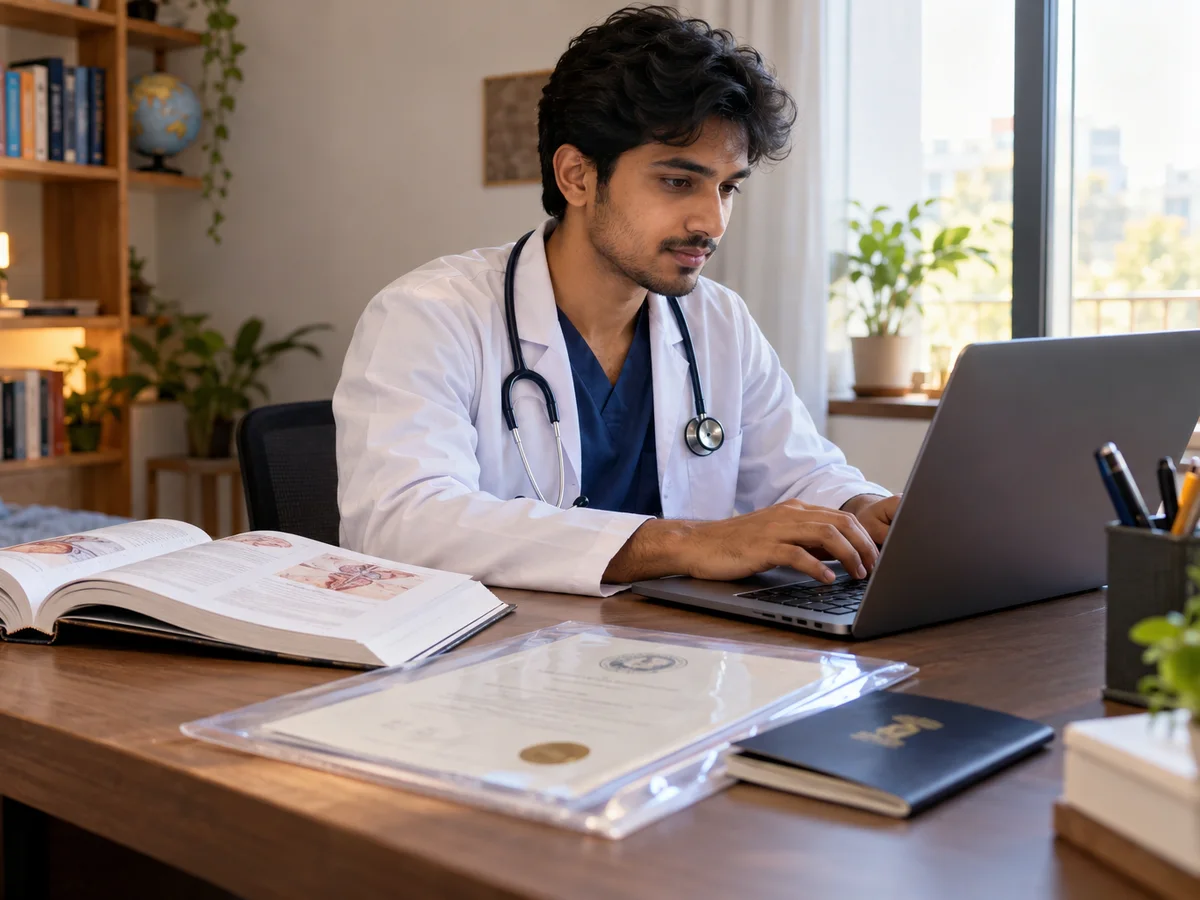 A young Indian doctor who studied medicine abroad sitting at a laptop at home, checking an exam portal, with a degree certificate and a passport on the desk