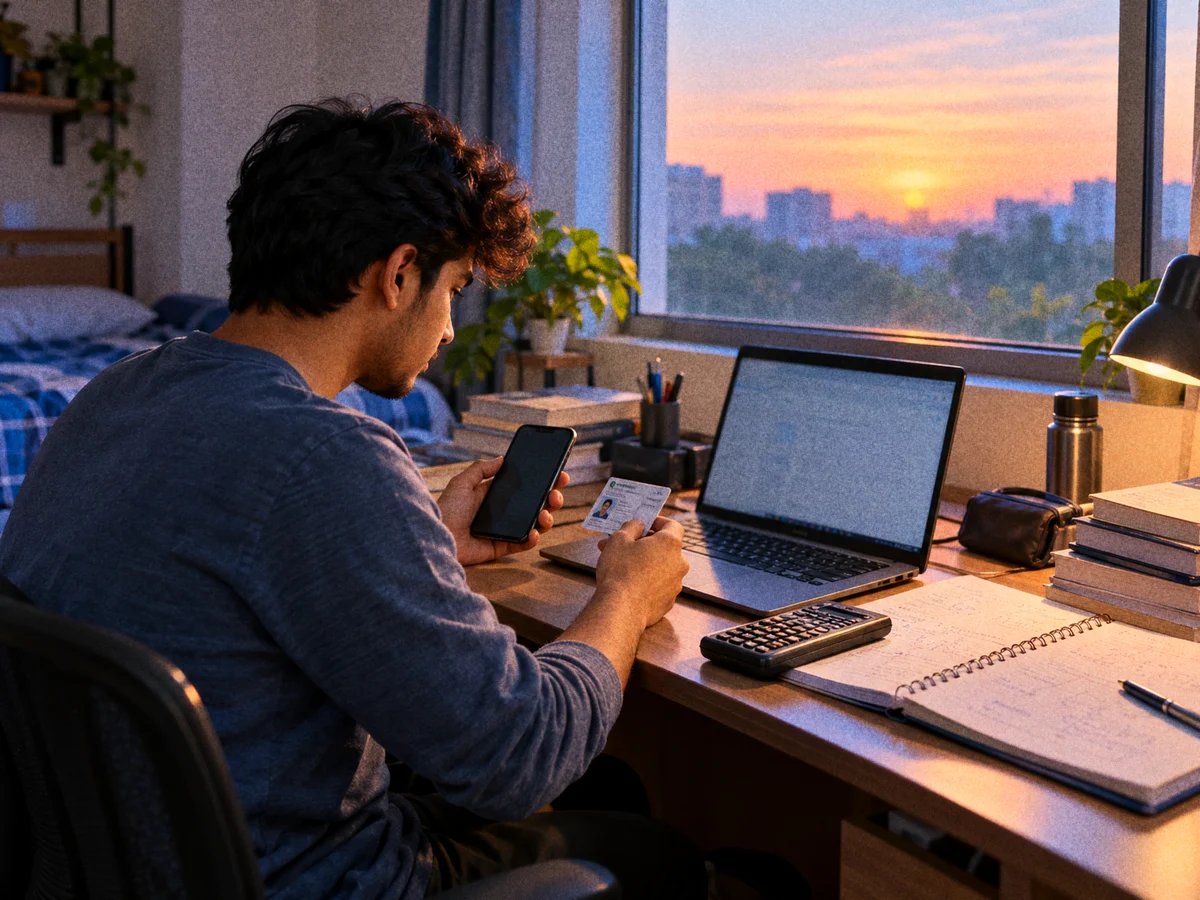 An engineering student at a hostel desk checking an email on a laptop, holding a phone with an ID card beside it, a scientific calculator and revision notes nearby