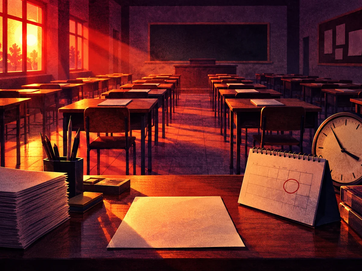An empty exam hall seen from the invigilator's desk, rows of desks with answer sheets turned face down and a wall calendar with a date circled