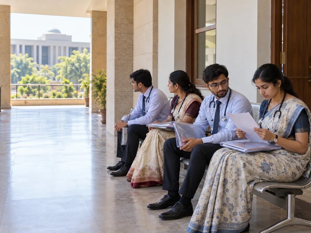 Young doctors in formal clothes waiting on a bench outside a government interview hall in Gandhinagar, each holding a folder of original certificates