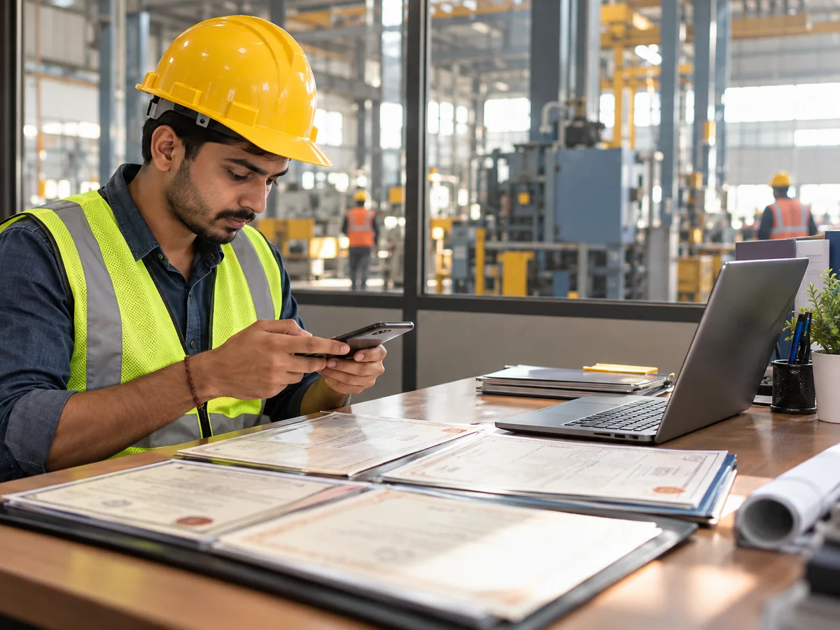 A young mechanical engineer in a hard hat and safety vest scanning certificates on a laptop at a desk beside a factory floor in Gujarat