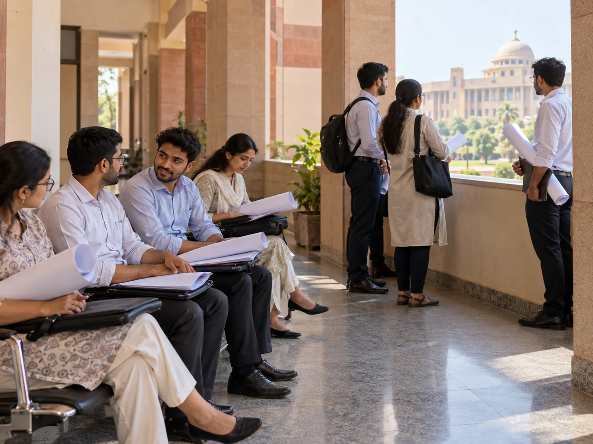 Young civil engineers in formal wear sitting with rolled drawings and certificate folders in a government office corridor in Gandhinagar