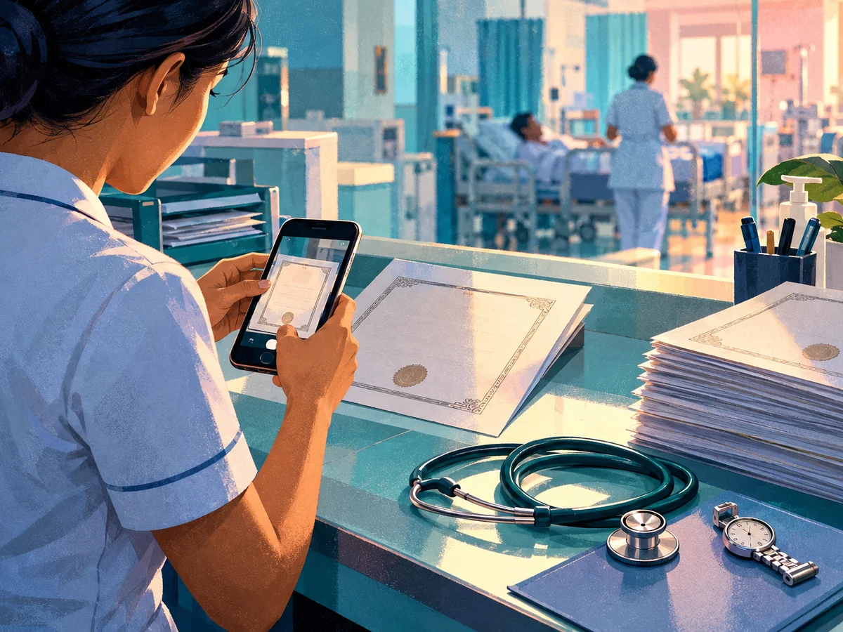 A nurse in a crisp uniform at a hospital duty station scanning certificates with a phone, a stethoscope and a folder of experience letters laid out on the counter
