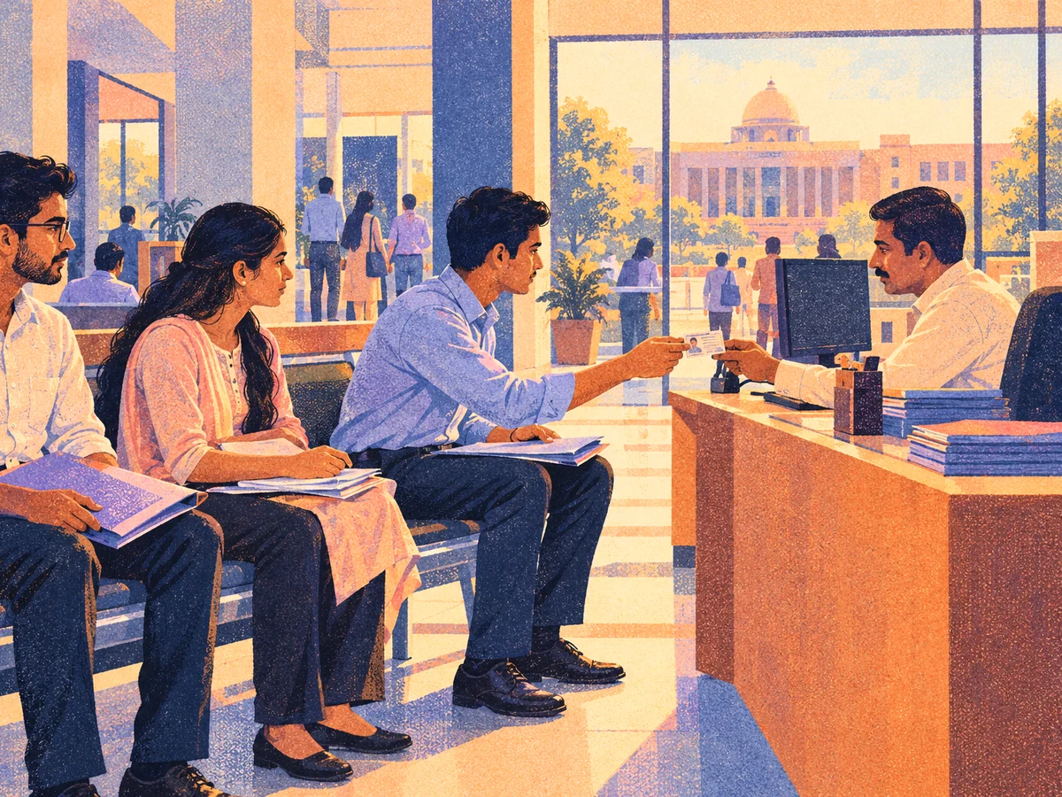 Candidates in formal clothes waiting on a bench outside a government office with files in their hands