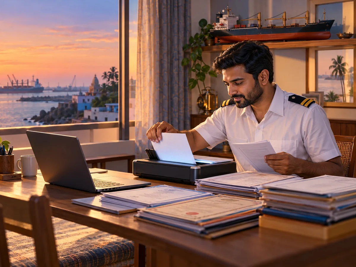A ship’s engineer in his thirties at home in a Gujarat coastal town, scanning his certificate of competency and sea-service records on a laptop, a model of a cargo ship on the shelf behind him