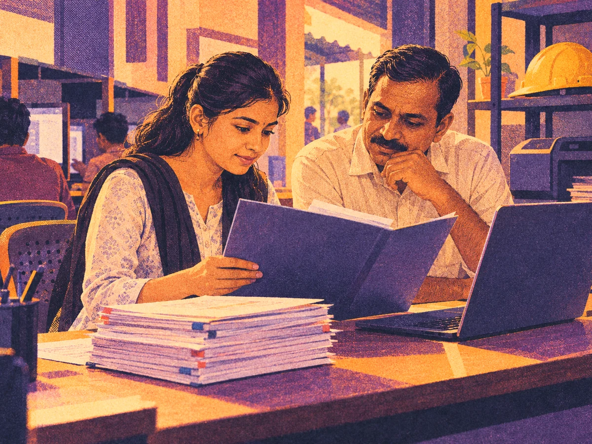A civil engineering graduate checking a document list on a phone beside a folder of certificates