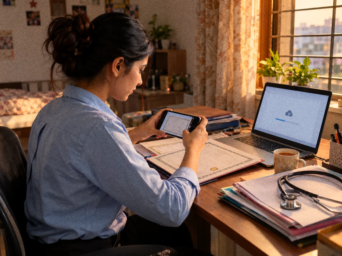 A young veterinary graduate in a light blue shirt sitting at a home study table in a Gujarat town, scanning certificates with a phone while a laptop shows an upload page, with a stethoscope and a folder of mark sheets beside her