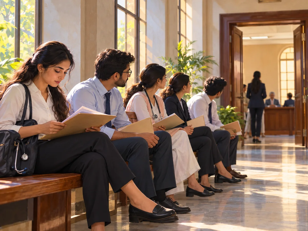 Young doctors in formal clothes waiting on a wooden bench outside an interview hall in a government office, each holding a slim file folder, a stethoscope peeking from one bag