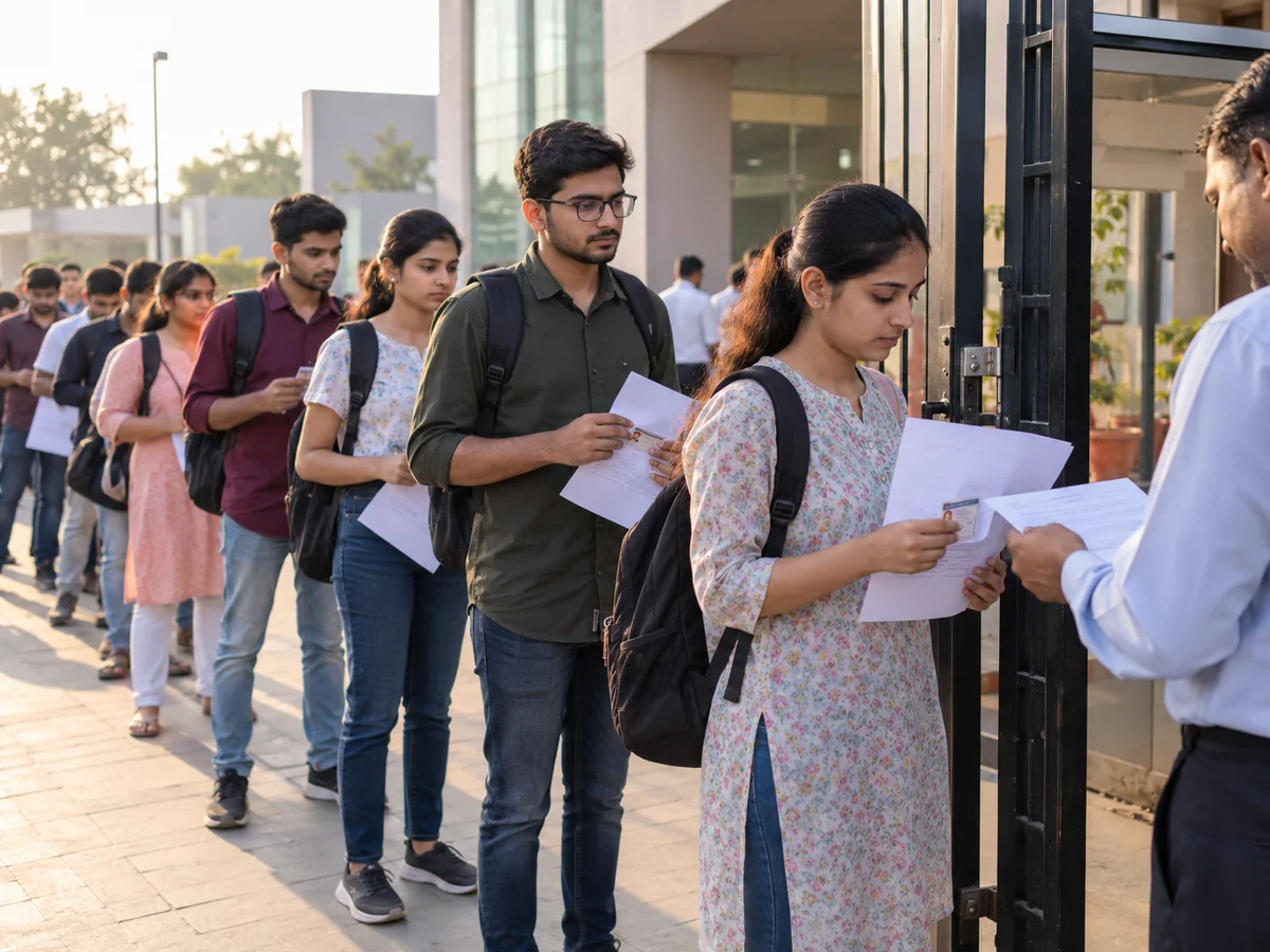 Candidates queueing with printed call letters and ID cards outside a computer-based exam centre in Gujarat in the early morning