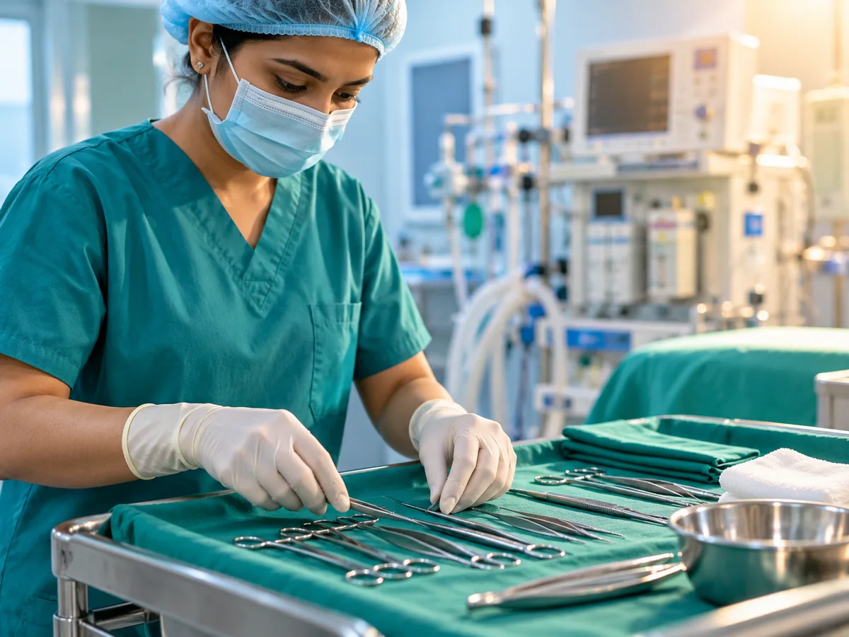 A paramedical student in scrubs laying out sterile instruments on a tray in a training operation theatre