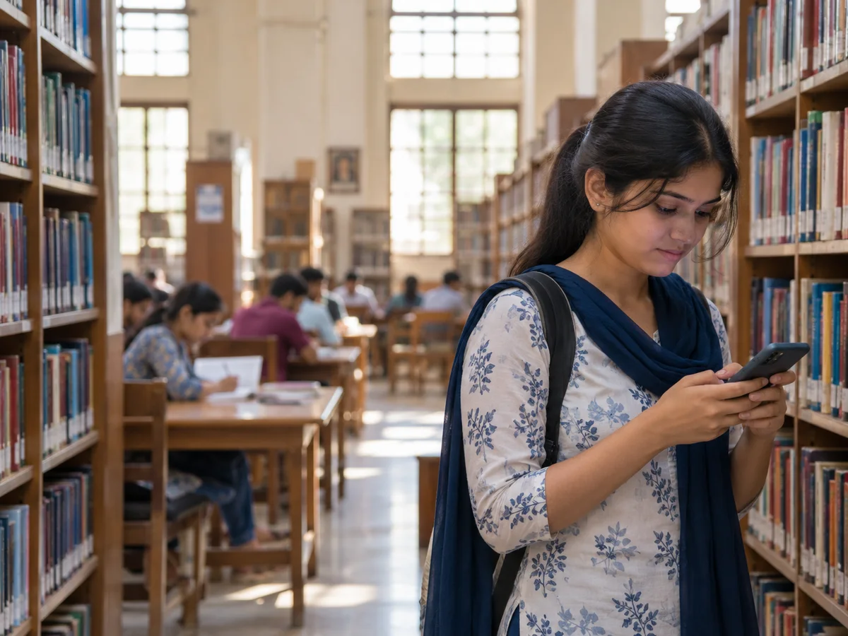 A young woman checking a result list on her phone between tall shelves in a public library reading room in Gujarat