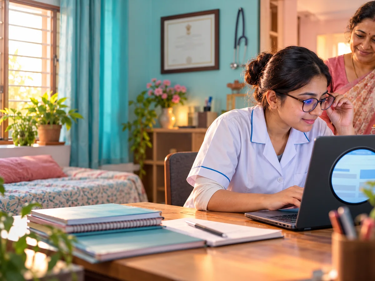 A young nursing graduate with low vision leaning close to a laptop at home to fill in a job application, her framed nursing diploma on the wall and her mother bringing tea