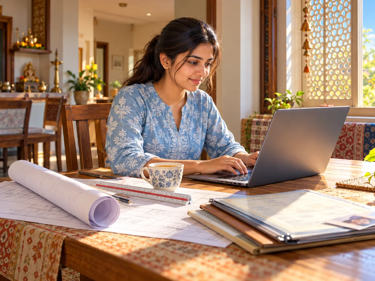A young woman with a civil engineering diploma filling an online job application on a laptop at her family’s dining table, a rolled site drawing and a scale ruler beside her